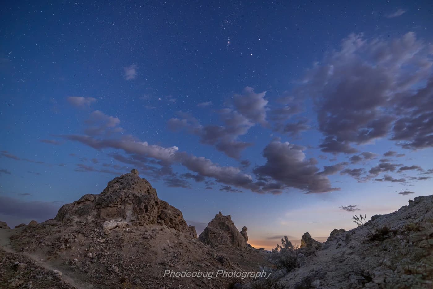 Trona Pinnacles tufa spires at twilight with stars near Ridgecrest